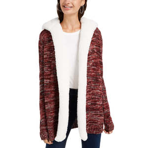 Crave Fame Junior's Casual <b>Cardigan</b> Sherpa Trim <b>Hooded</b> Collar Cashmere Printed Winter Autumn Red Small Size Button Decoration - Product Image 1