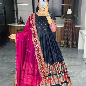 Vestido Anarkali de trabajo con estampado de seda Dola suave de diseñador por FabZone - Product Image 1