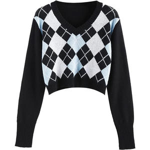 Pull en jacquard en peluche pour femme personnalisé, col en V, motif jacquard, tricot côtelé, extensible, jacquard 12 jauges, tricot en peluche pour femme - Product Image 3