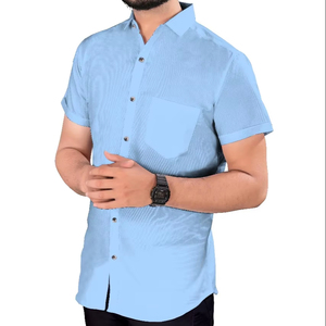<b>Men</b> Sky <b>Blue</b> Satin Short Sleeve Business <b>Shirt</b> Breathable Non Iron Anti Wrinkle Collared Casual Formal Professional Summer Wear - Product Image 1