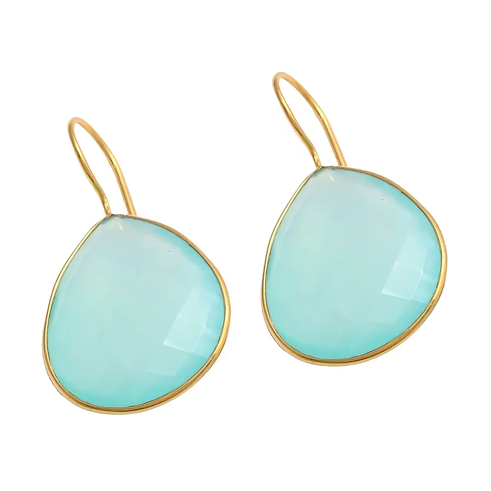 Aqua Bông Tai Toòng Teng Mạ Vàng 14K Dây Chalcedony Bông Tai Bạc Trơn Thủ Công Cho Nữ Bông Tai Hình Giọt Nước Chalcedony Tự Nhiên