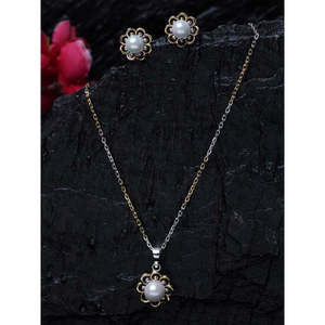 NOVAMART Fine 925 Sterling Silver <b>Pearl</b> <b>Lotus</b> Pendant Earring Chain Set Gold Rhodium Plated Gift for Women & Girls Wholesale Exp - Product Image 2