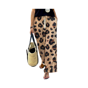 Pantalones sueltos con cordón y estampado de leopardo para mujer, diseño de pierna ancha informal de algodón 100% para primavera y verano con logotipo en la cintura - Product Image 1