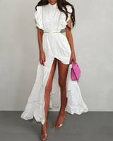 Robe midi blanche unie en dentelle tissée à œillets, élégante, sans manches, fendue, taille naturelle, moulante, en coton, pour femme, vente en gros