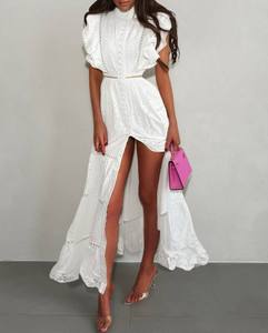Robe longue blanche en dentelle à œillets, élégante, à manches volantées, fendue, fabriquée en Turquie, sur mesure, pour soirées et fêtes, pour femmes, vente en gros - Product Image 3