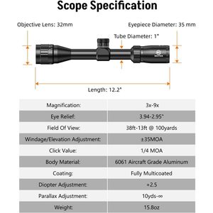 กล้องเล็ง MidTen 3-9X32 Ao Sporting พร้อมระบบล็อคปุ่มปรับศูนย์  แบบ Crosshair Reticle สำหรับการล่าสัตว์ ขนาดหลอด 1 นิ้ว แบบ SFP - Product Image 5