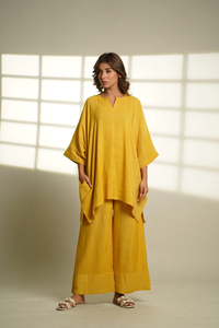 Conjunto de dos piezas de lino mostaza de gran tamaño, Túnica y pantalón holgada con patrón sólido, estilo informal, Top y pantalón de tela de algodón de talla grande - Product Image 5