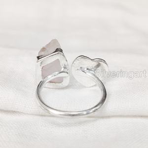 Joyería de piedra en bruto, anillo para mujer, piedra preciosa de cuarzo rosa crudo Natural, piedra natal de abril, anillo ajustable con corazón, anillo de Plata de Ley 925 - Product Image 5