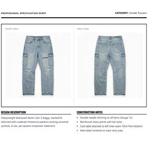Jeans en denim pour femmes, poids lourd, personnalisés, peints avec des strass, devant plat, pantalon baggy ample, délavé, streetwear, taille haute, mode Y2K - Product Image 6