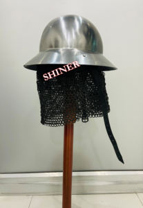 หมวกเหล็กแบบเคทเทิลแคปยุคกลาง หมวกเหล็กแบบโซ่เหล็ก หมวกเคทเทิลแคปสำหรับการจำลองการต่อสู้ หมวกนักรบเหล็ก ขัดเงาสีเงิน พร้อมแถบหนัง - Product Image 2