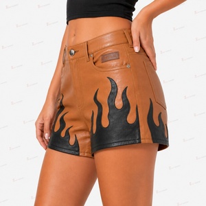 Shorts en cuir marron taille haute avec imprimé flamme noire STREETWEAR pour femme, imperméables, respirants, écologiques, à braguette boutonnée - Product Image 3