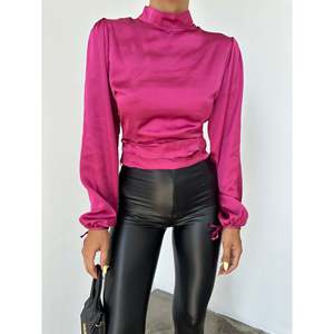 Blusa Corta de Satén Fucsia para Mujer Mybeefashion - Elegante Top de Mezcla de Algodón para Uso Diario e Informal - Product Image 4