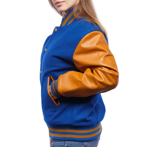 Chaqueta universitaria recortada personalizada para mujer, chaquetas de lana 100% para mujer, chaqueta universitaria con mangas de cuero - Product Image 3