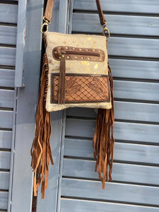 Western Style Cowhide Metallic Fur Leather Fringe Handbag Sling Bag Hand Tooled Carving Bags Party Wear Women's Hair on Hide - Product Image 2