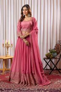 A-Line Mezcla de seda Bordado pesado Semicosido Nupcial Lehenga Choli Set Incluye Net Dupatta Lavable Natural para fiesta - Product Image 4