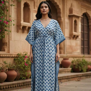 Vestido Largo Kaftan con Estampado Geométrico Azul, Hecho a Mano, de Algodón, para Mujer, Estilo Bohemio, para Playa, Ropa Informal, Estilo Étnico Indio - Product Image 1