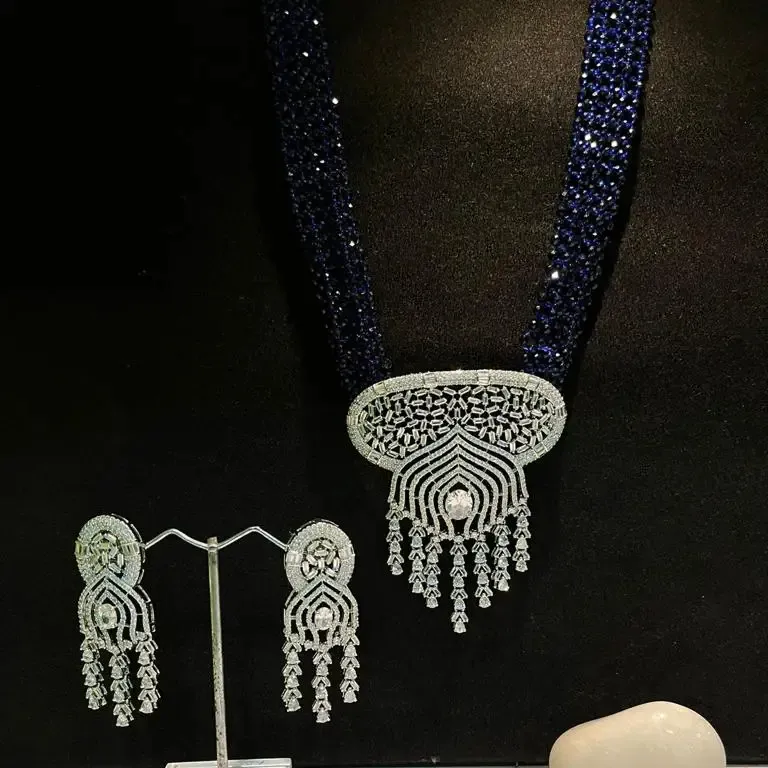 Kalung & anting-anting PUHAI liontin besar berkelas set dibuat dengan berlian Amerika CZ batu zirkon dan berlapis rodium