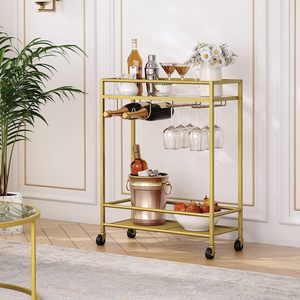 Luxury 2-Tier Metal Glass Rolling Bar Cart Wheeled Serving <b>Table</b> Kitchen Room Outdoor Mall-Catering Hotel Restaurant Helper - Product Image 5