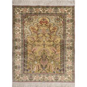 Tapis en soie noué à la main Gulmarg Pae-6360 vert, 10 mm d'épaisseur, rectangulaire, motif floral Aubusson, pour la maison, l'entrée, le salon, la chambre - Product Image 1