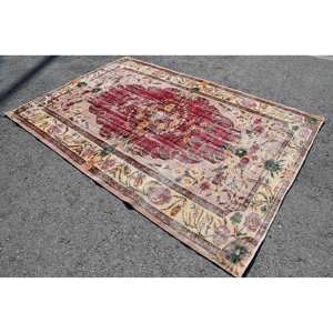 Vintage Turkish <b>Rug</b> Red Beige 5.9 X 8.8ft Large Area Woolen Patchwork Design for Hallway Bedroom Latex Backing-for Room <b>Bedside</b> - Product Image 2