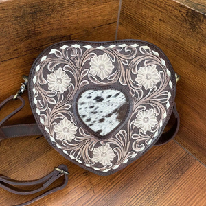 Best Seller Hair on Tooled Leather Heart Shaped Crossbody Bag for Women's Western Genuine Leather Floral Purse Cowhide Handbags - Product Image 4