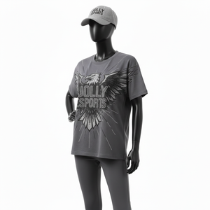 Ensemble de vêtements de sport pour femmes, t-shirt en coton premium 200 GSM et legging en polyester et élasthanne gris, logo aigle personnalisé par transfert thermique DTF. - Product Image 2