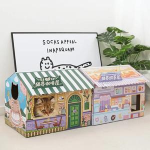 กระท่อมแมวกระดาษแข็งเป็นบ้านเล่นหรือเตียงนอนประกอบง่ายกับกล่องที่มีหน้าต่างสำหรับลูกแมว (โทนสีเขียว) - Product Image 5