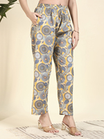 Ensemble haut et pantalon palazzo d'été pour femme en coton tricoté de qualité supérieure, à motif floral, col mandarin, manches trois quarts, haut court et pantalon fendu au genou |