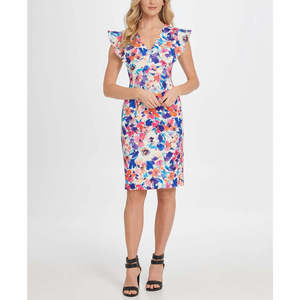 Abito tubino da donna DKNY con scollo a V, maniche a volant, bianco, taglia 16 - Comodo, per lavoro, ufficio, formale, con stampa frontale, in maglia - Product Image 1