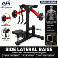 Machine commerciale de levée latérale assise-debout, pour développement des deltoides médiaux, avec poulie supérieure double rouge pour les bras, tube carré en acier de 2,5 mm, plaque en acier L