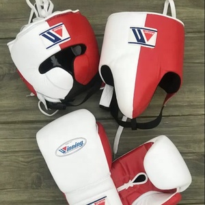Ensemble de casque de boxe et de gants Lining, rouge et blanc, en PU, avec lacets, pour l'entraînement et le sparring des adultes - Product Image 1