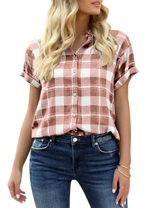 Blusa de manga corta informal para mujer de primavera y verano, camisa con botones de solapa, camisa de manga corta con estampado a cuadros para mujer - Product Image 4