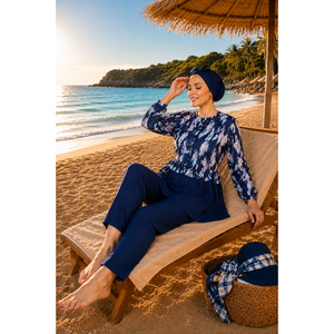 Conjunto de Traje de Baño de Tres Piezas para Mujer, Top Estampado Negro y Morado, Cintura con Volantes, Detalle de Cremallera, Pantalones Elásticos Estilo Burkini, Varias Tallas - Product Image 3
