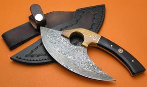 Cortador de pizza Ulu profesional personalizado al por mayor cuchillos de cocina hechos a mano hoja de acero damasco cuerno madera de olivo industrial - Product Image 3