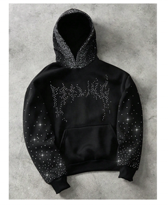 เสื้อฮู้ดดี้ผ้าฝ้าย 100% หนานุ่ม ระบายอากาศดี พิมพ์ลายดิจิทัล ปักเลื่อมสีดำ สไตล์สตรีทแวร์ สำหรับผู้ชาย แบบสั่งทำ - Product Image 3