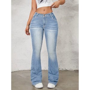 Jeans de mezclilla de lujo retro para mujer, azul cielo, corte acampanado, tiro alto, estilo callejero elástico, talla 26 a 40 - Product Image 1