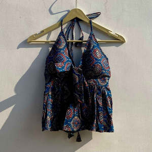 Bleu Ajrakh avant noeud tampons amovibles femmes haut rouille imprimé chérie cou tricoté vêtements licou court creux gland - Product Image 1