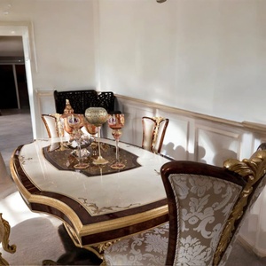 Ensemble de table à manger de luxe européen royal 5 pièces en bois d'acajou avec plateau en marbre et sculptures en feuille d'or, design moderne du milieu du siècle, pour la maison et l'hôtel - Product Image 2