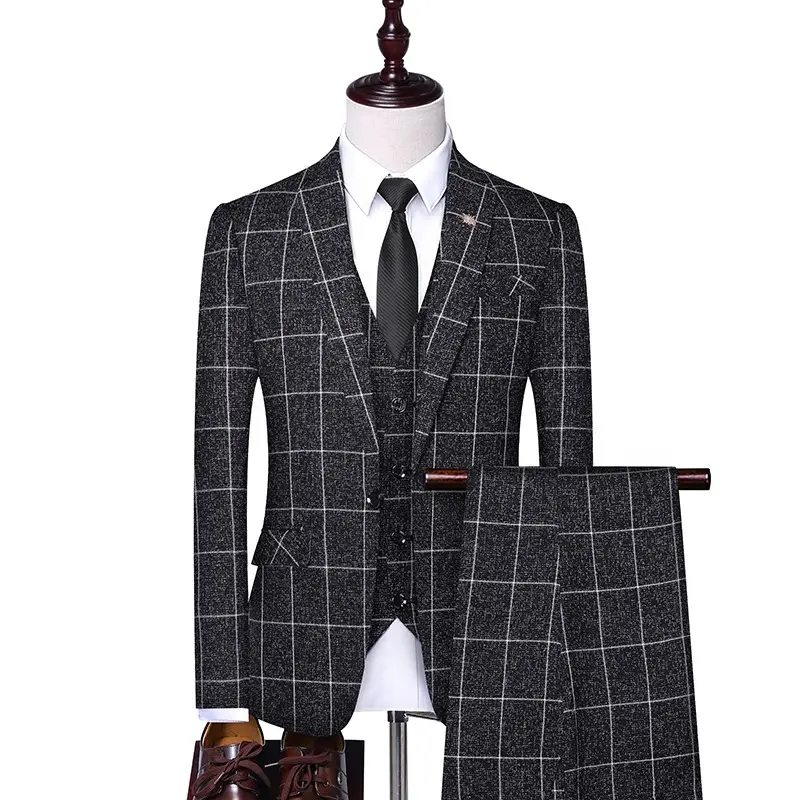 2014 New Plaid Men Suits Einreiher Business 3 Stück Navy Grey Formale Hochzeits anzüge (Jacke Weste Hosen)