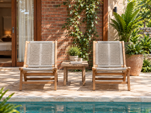 Modern <b>Teak</b> <b>Garden</b> <b>Chair</b> with Woven Seat and Embossed Design Tilting Outdoor Furniture for Poolside Use - Product Image 3