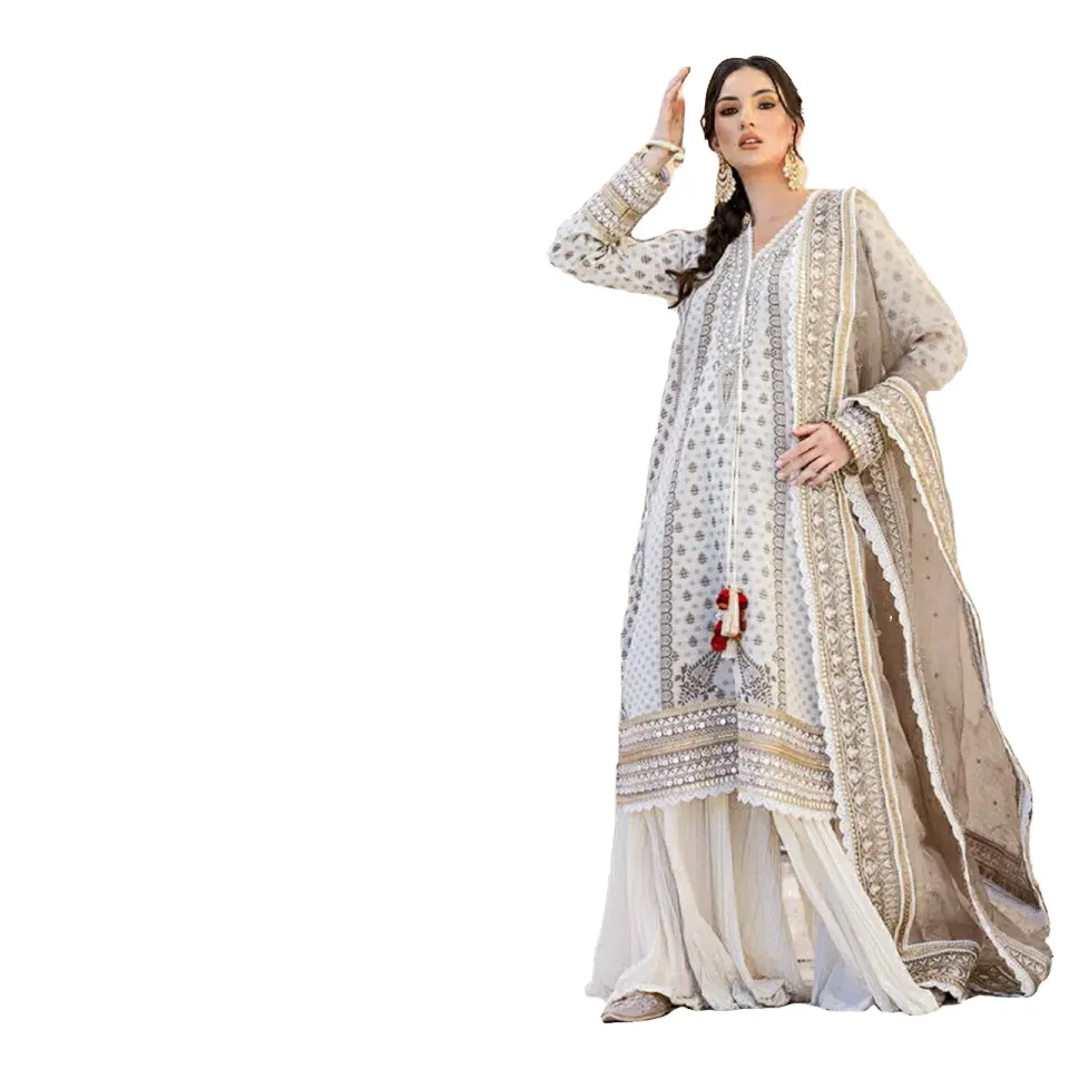 Vêtements ethniques traditionnels pour femmes présentent une robe pakistanaise de créateur et Shalwar Kameez en soie pour dames islamiques