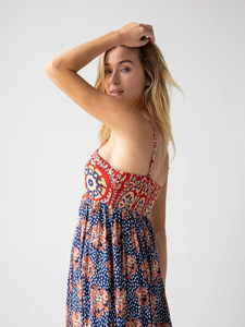 Femmes à la mode col en v imprimé fleuri genou longueur robe tissée été coupe évasée 100% coton rayonne décontracté avec bouton décoration - Product Image 5