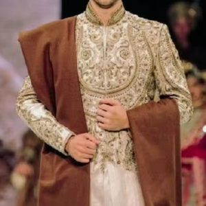 HEAVY EMBROIDERY on STYLISH GROOM SHERWANI,<b>PANT</b> & STOLE WITH MATCHING SHOE WITH EMBELLISHED CRYSTAL GLASS BEADS,DABKA WORK@2024 - Product Image 1