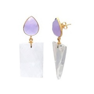 New Arrival Crystal Quartz & Lavender Chalcedony Gemstone 925 Sterling Silver Pear And Rectangle Shape Earrings - Product Image 1