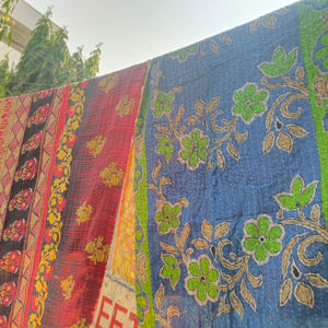 Handmade 100% Organic Cotton Kantha <b>Quilt</b> Reversible Eco-Friendly Bedspread Queen Size Modern <b>Throw</b> Patchwork Saree Blanket - Product Image 1