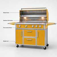 Barbecue à gaz extérieur jaune en acier inoxydable avec étagères latérales et rangement pour jardin et terrasse