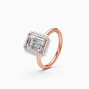Emerald Halo Solitaire Lab Grown Diamond Luxury <b>Statement</b> <b>Ring</b> With 2.55 Ct Emerald Cut In 9K Yellow White And Rose Gold - Product Image 3
