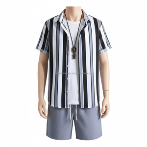 ชุดเซ็ตเสื้อผ้าผู้ชายลายทางสีดำและสีเทาแบบ OEM สั่งทำพิเศษ - ชุดฤดูร้อน 2 ชิ้น - Product Image 1