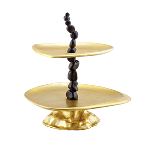 Présentoir de service à gâteau en acier inoxydable à 2 niveaux de créateur fait à la main Accent décoratif unique et élégant pour la maison Couleur or Look fantaisie à 2 niveaux - Product Image 1