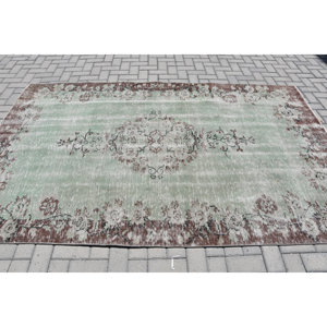 Tapis turc vintage 5.5x8,9 pieds vert marron tissage plat en laine avec motif patchwork pour les décorations de salon ou le couloir - Product Image 3